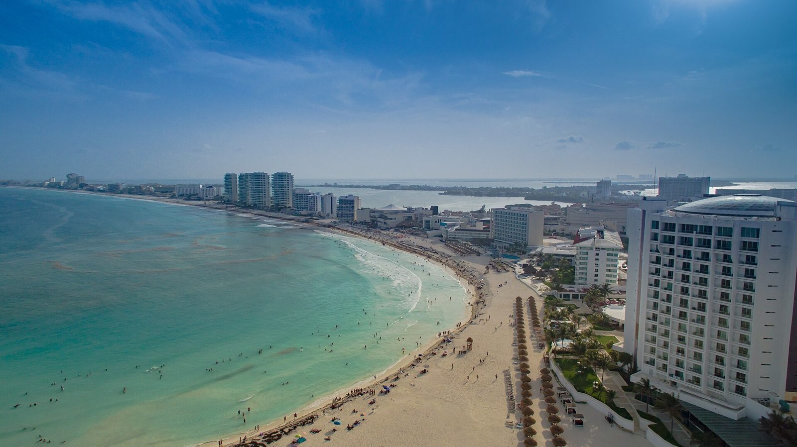 Aerial view of Cancun's Hotel Zone between the sea and the lagoon