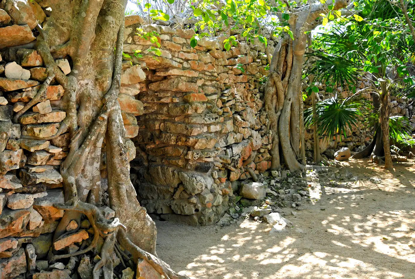 The walled ruins at Tulum with the Caribbean behind them