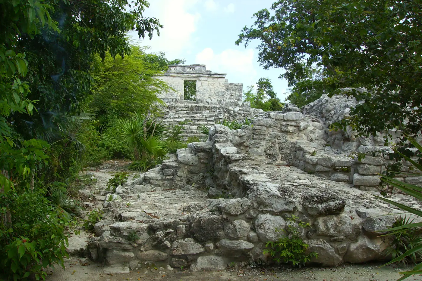 Stone structures on the lawns at Xcaret